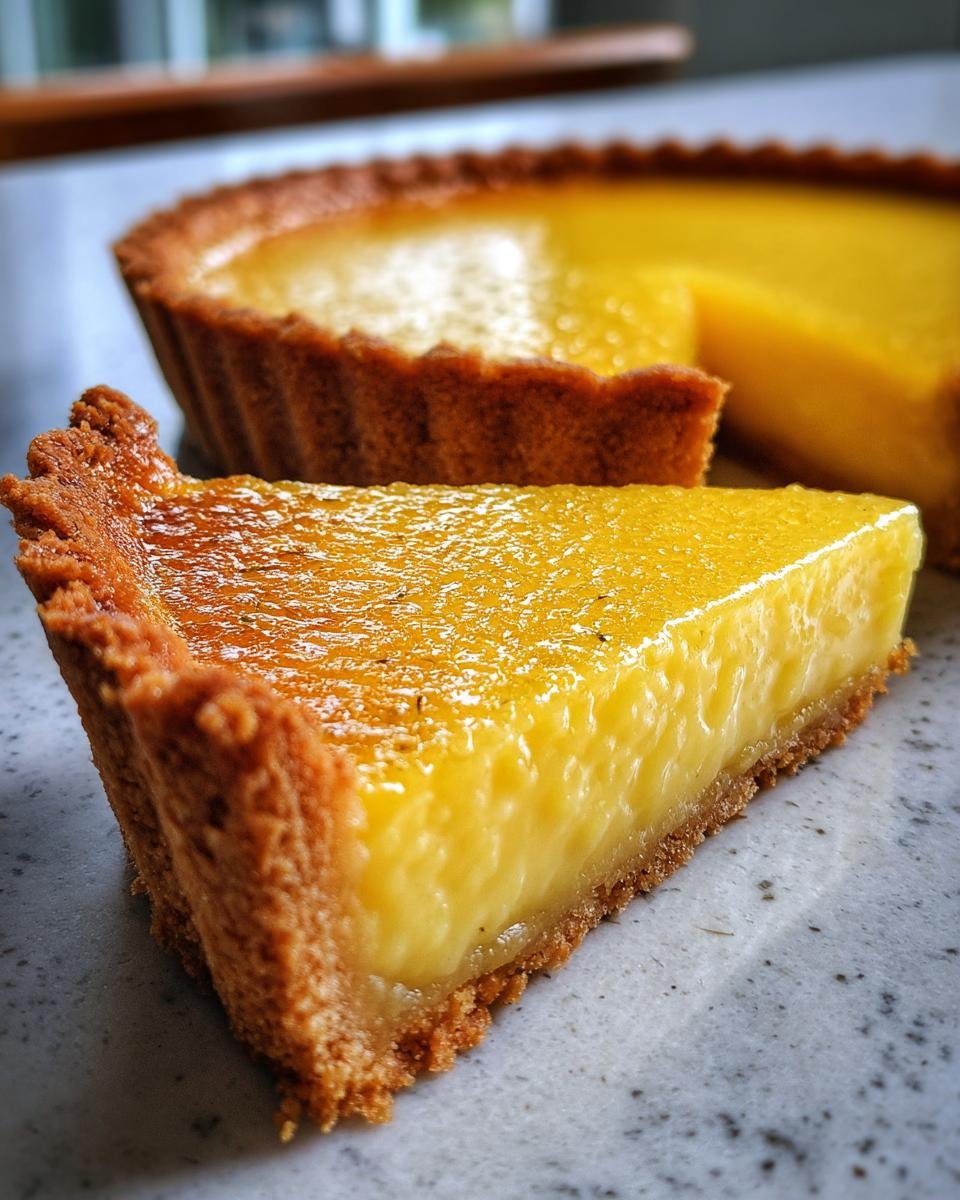 A close-up of a slice of a perfect moist lemon tart, showcasing its glossy filling and golden crust.