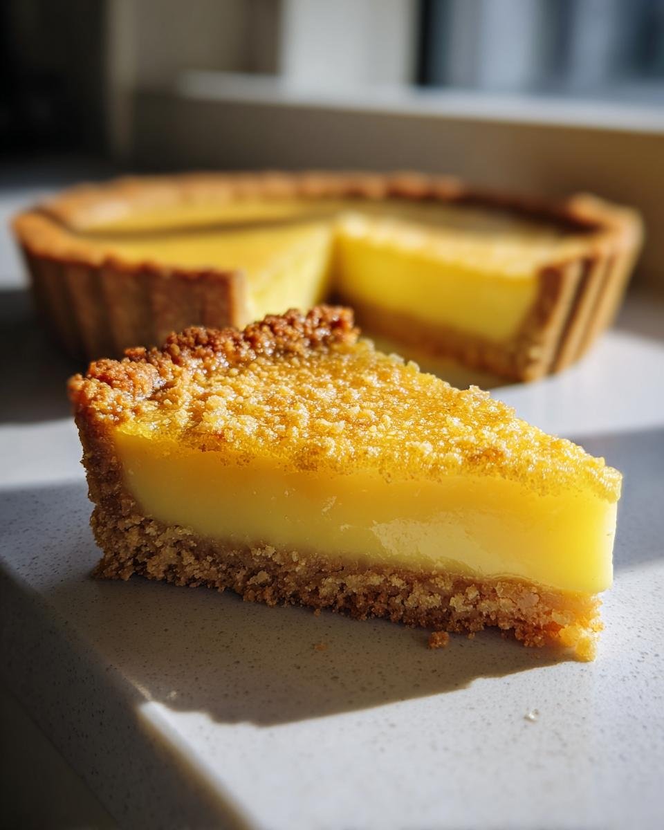 A close-up of a slice of Moist Lemon Tart, showcasing its creamy filling and crumbly crust.
