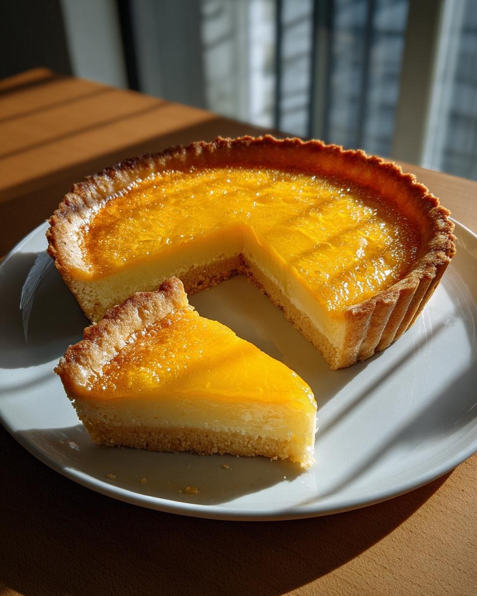 A slice of Moist Lemon Tart on a plate, showcasing its creamy filling and bright, glossy lemon topping.