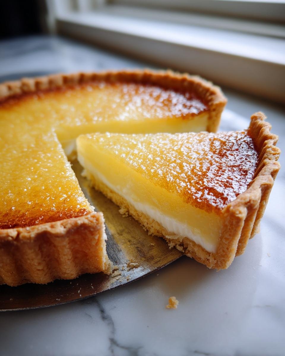 A slice of Moist Lemon Tart with a golden, flaky crust and a smooth, bright yellow filling.
