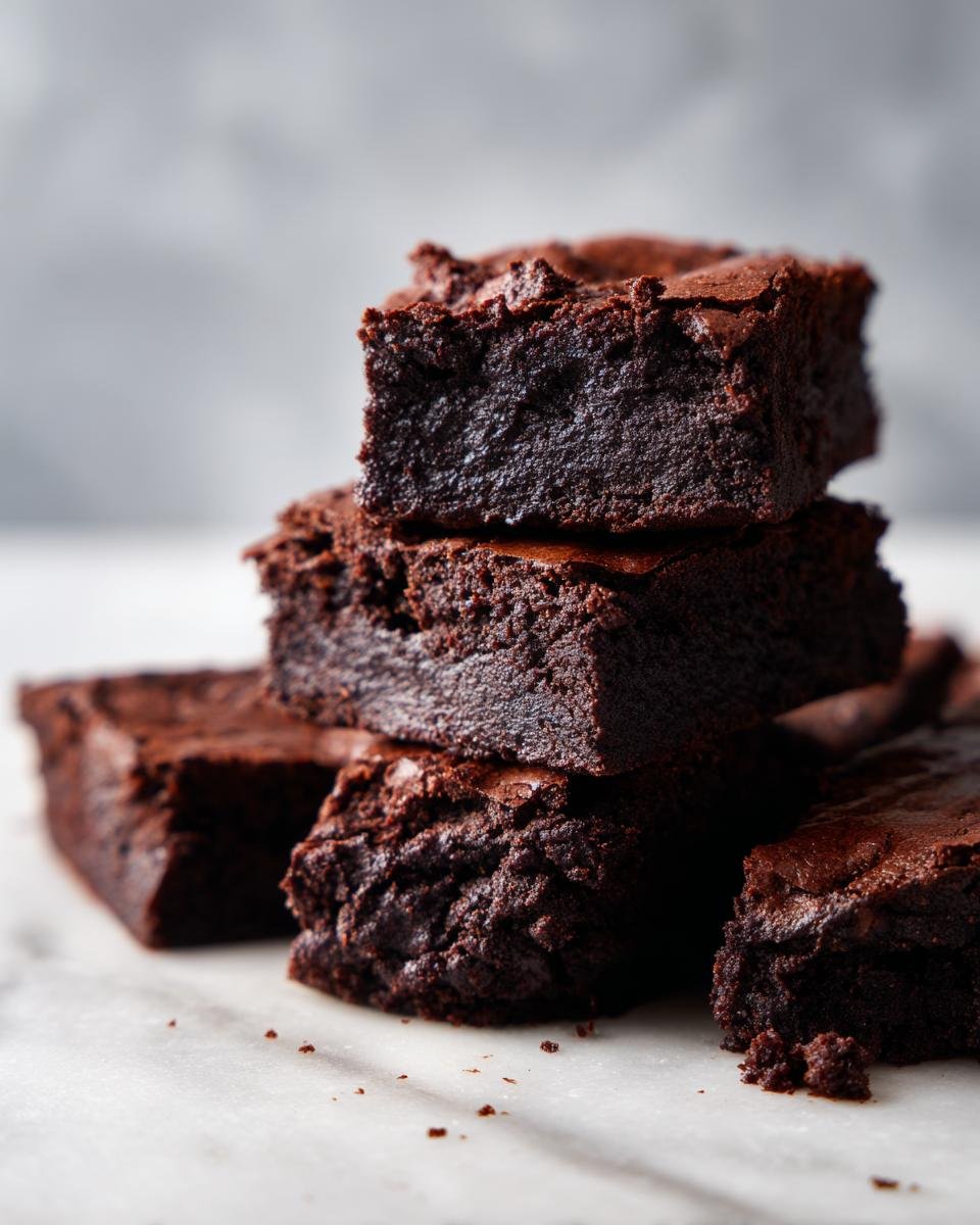 A stack of moist and rich zucchini brownies, showcasing their deep chocolate color and fudgy texture.