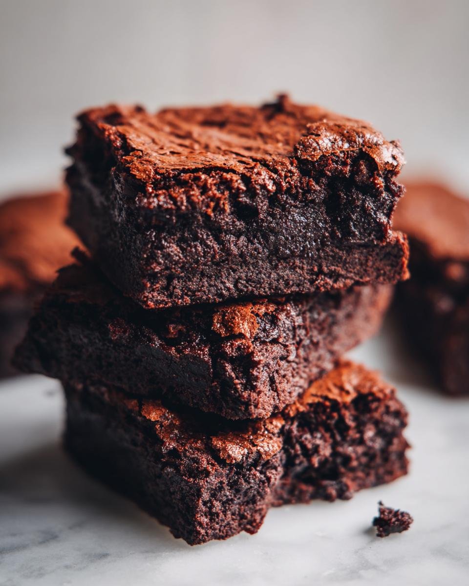 A stack of moist and rich zucchini brownies, showcasing their dense texture and deep chocolate color.