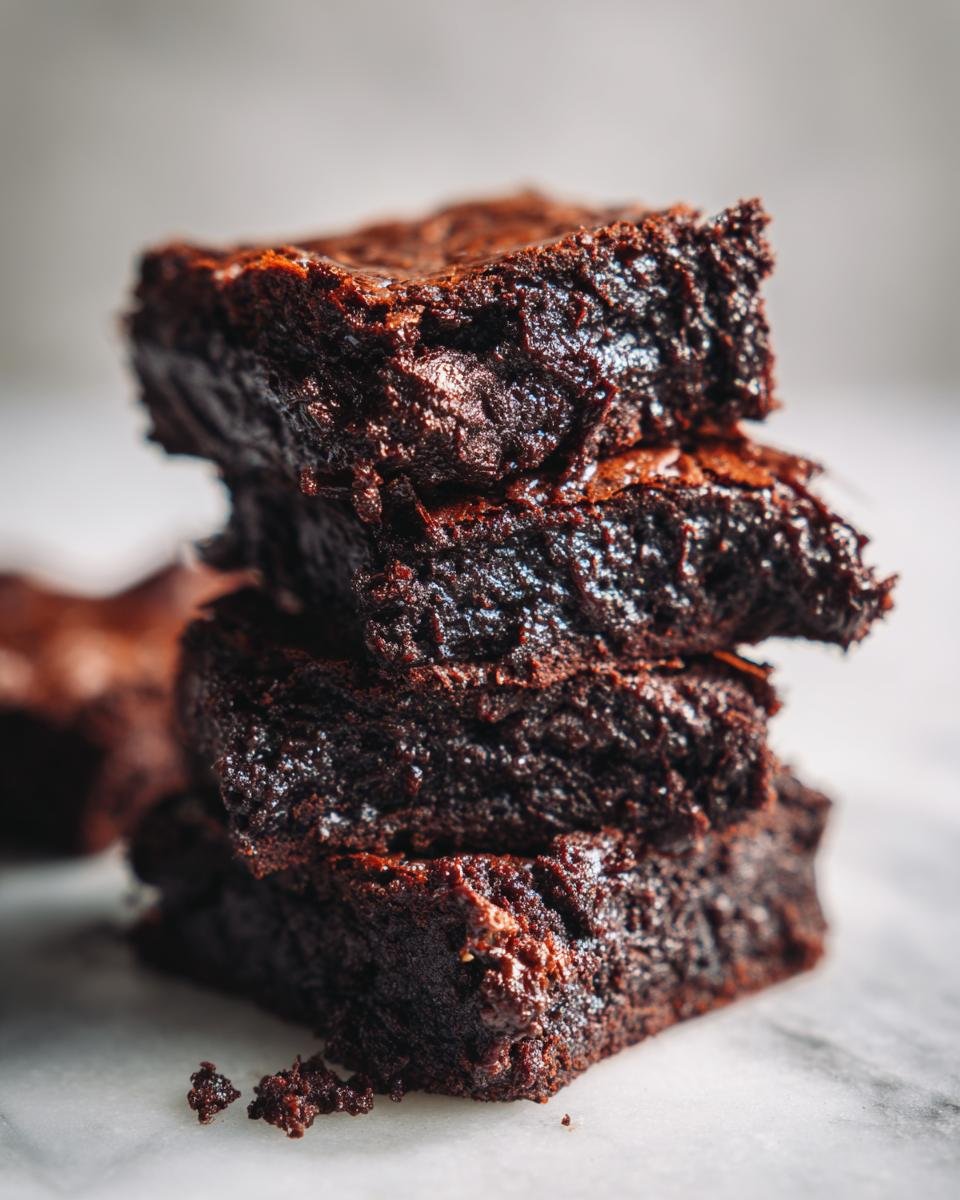 A stack of four moist and rich zucchini brownies, showcasing their dark chocolate color and fudgy texture.