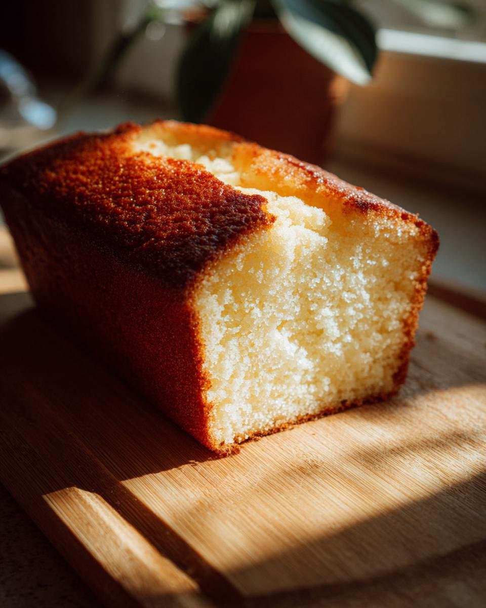 A beautifully baked Ms. Johnny Ruth Pound Cake with a golden-brown crust, sliced on a wooden board.