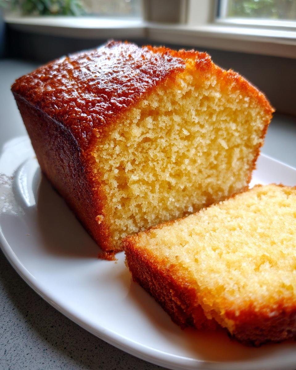 A close-up of a slice of Ms. Johnny Ruth Pound Cake on a white plate, showing its golden crust and tender crumb.