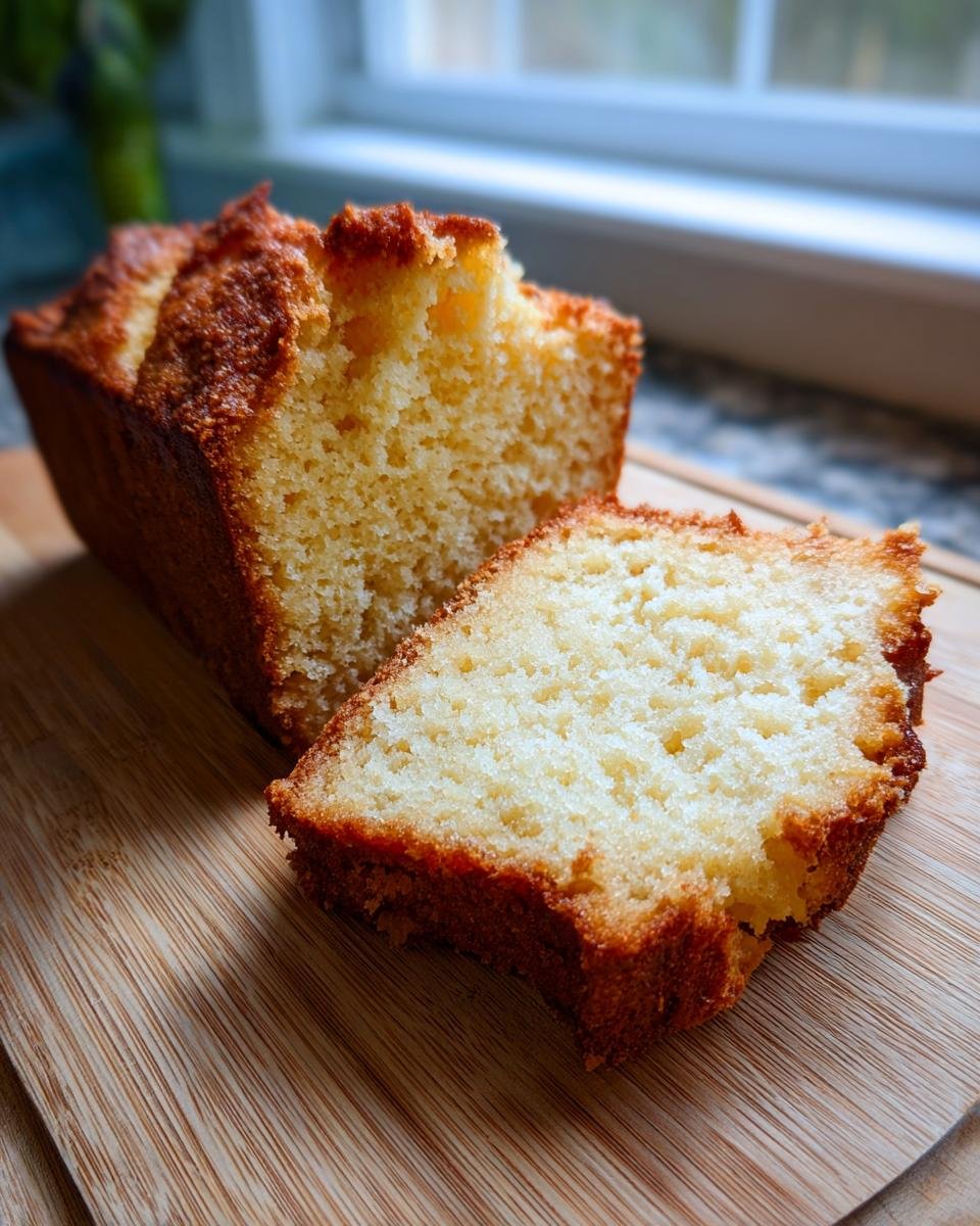 A delicious slice of Ms. Johnny Ruth Pound Cake on a wooden board, with the rest of the loaf in the background.