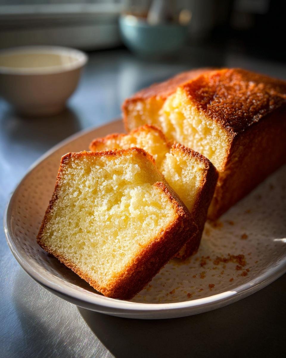 Close-up of sliced Ms. Johnny Ruth Pound Cake on a textured white plate, with a soft focus background.