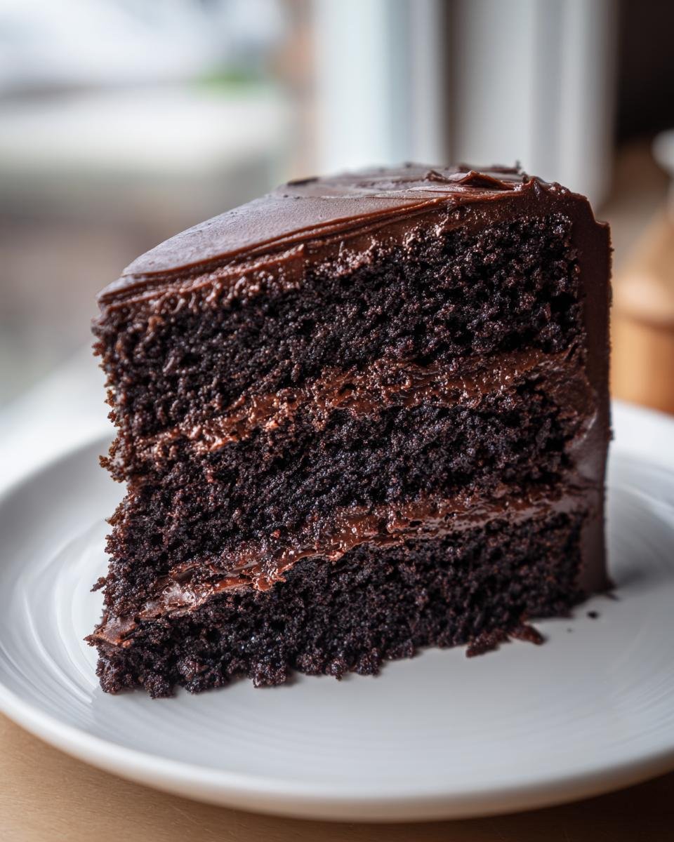 A decadent slice of Nestle Toll House Death by Chocolate Cake, featuring rich dark chocolate layers and frosting.