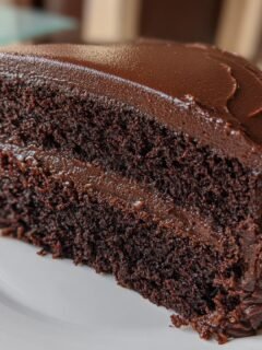 A rich slice of Nestle Toll House Death by Chocolate Cake, showcasing moist chocolate cake layers and smooth chocolate frosting.
