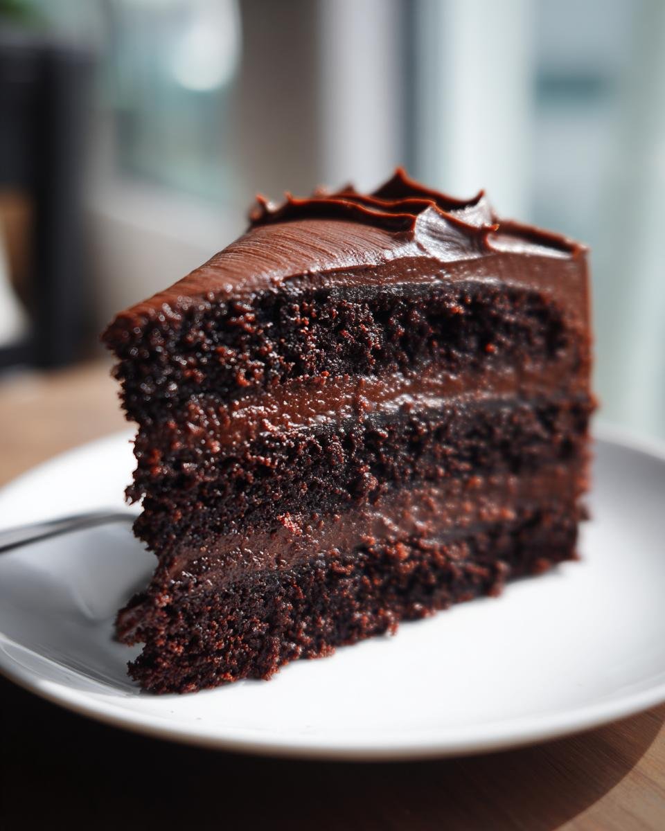 A rich slice of Nestle Toll House Death by Chocolate Cake, featuring three layers of dark chocolate cake and chocolate frosting.