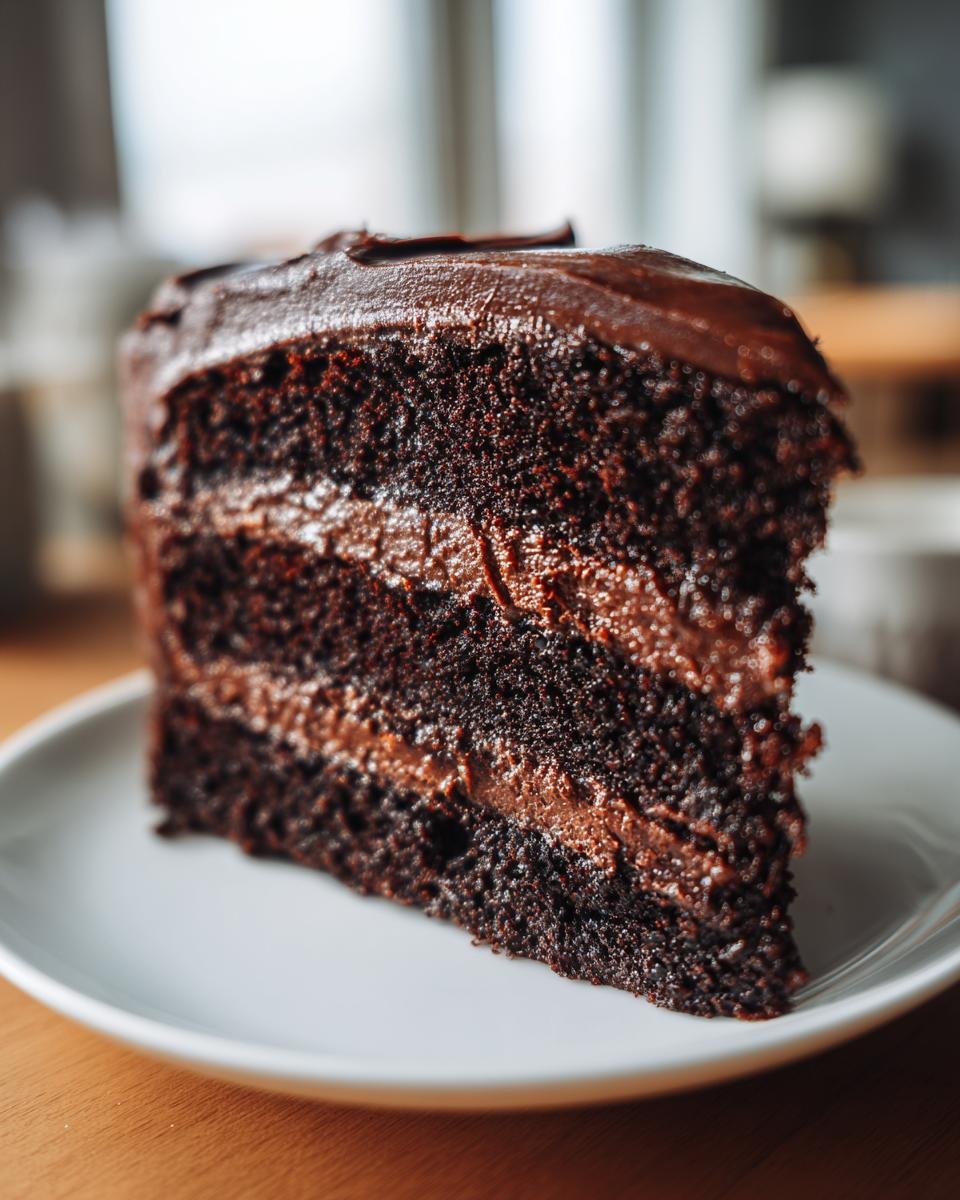 A decadent slice of Nestle Toll House Death by Chocolate Cake with rich chocolate frosting and layers.