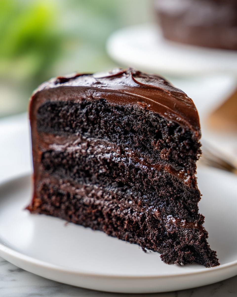 A rich slice of Nestle Toll House Death by Chocolate Cake, showcasing moist dark chocolate layers and glossy chocolate frosting.