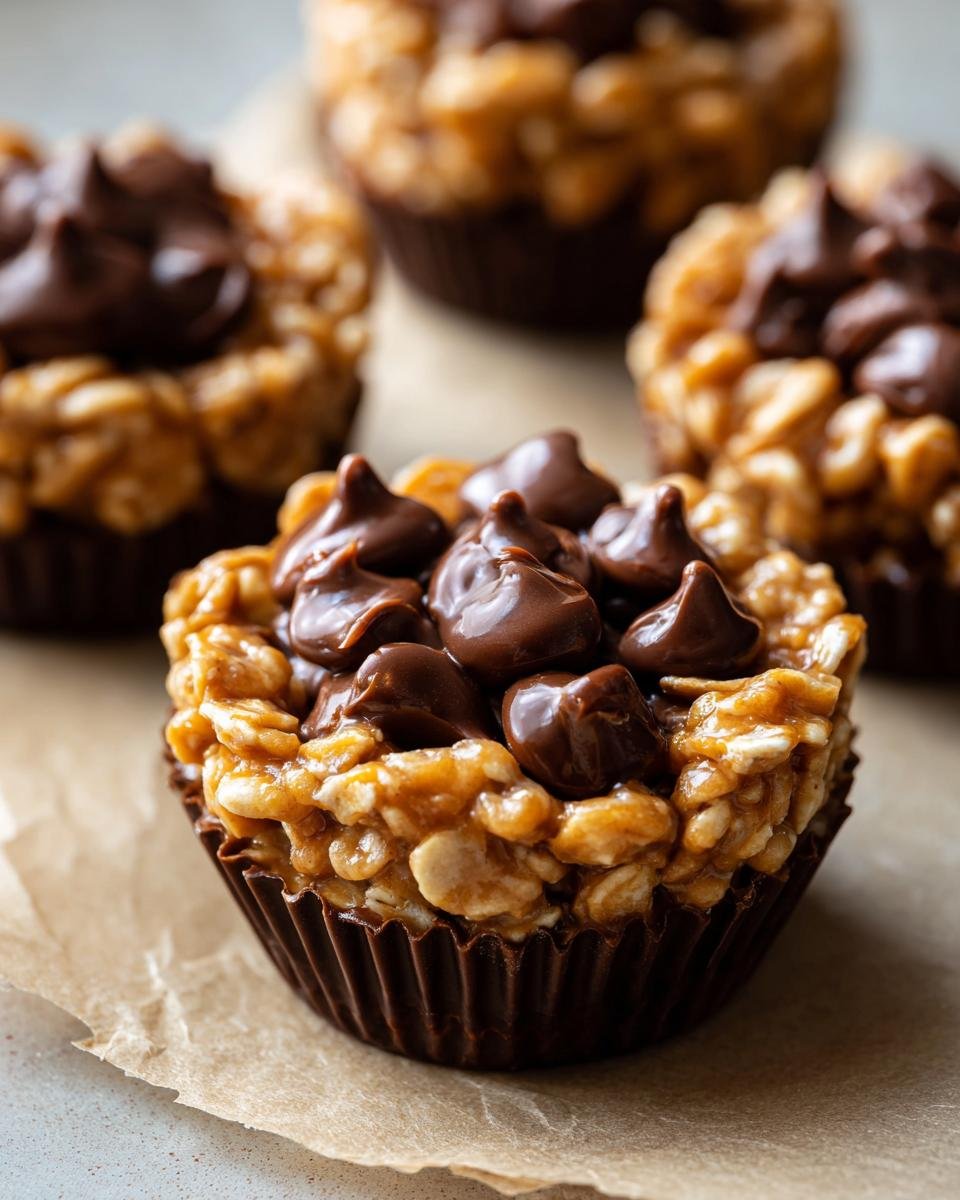 Close-up of an Irresistible Easy No Bake Peanut Butter Oat Cups Recipe, topped with chocolate chips.