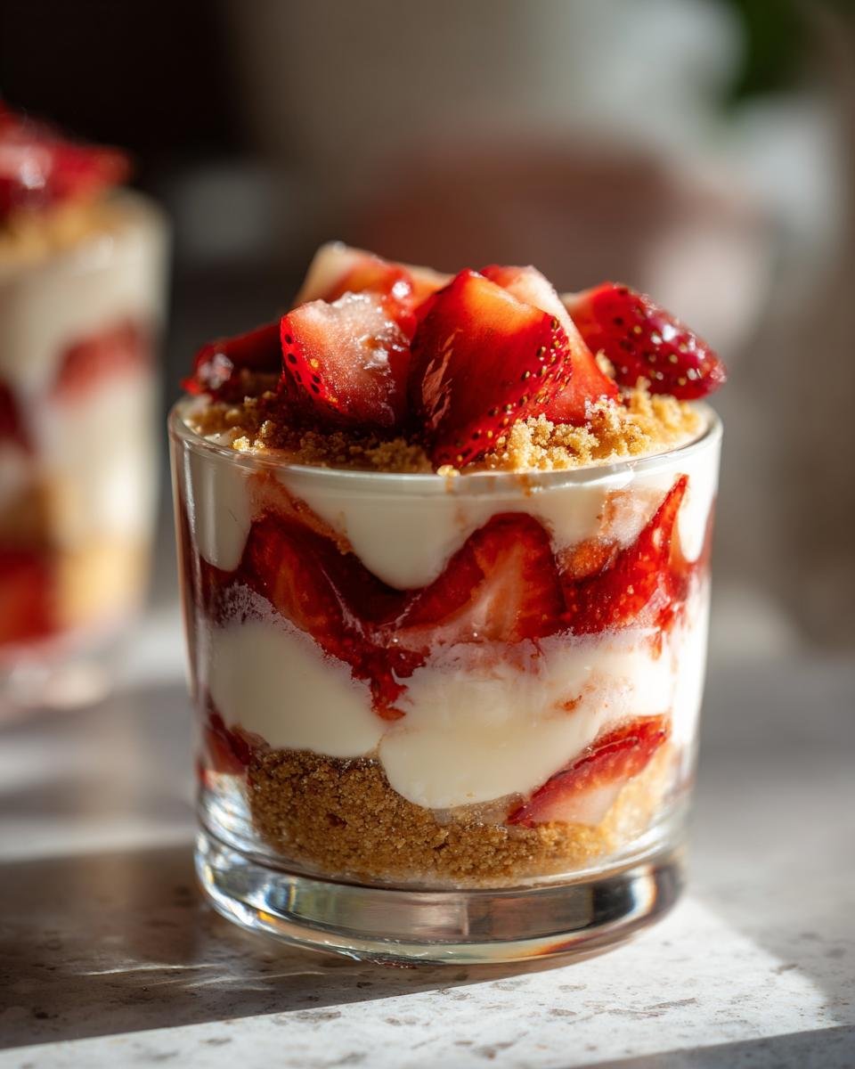 Close-up of a no-bake strawberry dessert layered with cream and graham cracker crumbs in a glass.