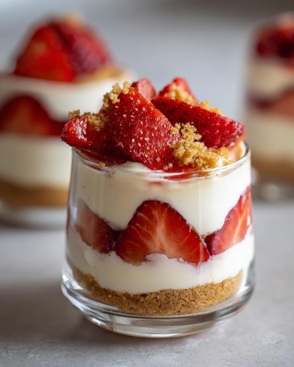 Close-up of a no-bake strawberry dessert in a glass, layered with cream, strawberries, and cookie crumbs.