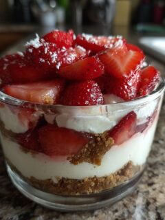 A layered no-bake strawberry dessert in a glass, featuring crushed cookies, cream, and fresh strawberries.