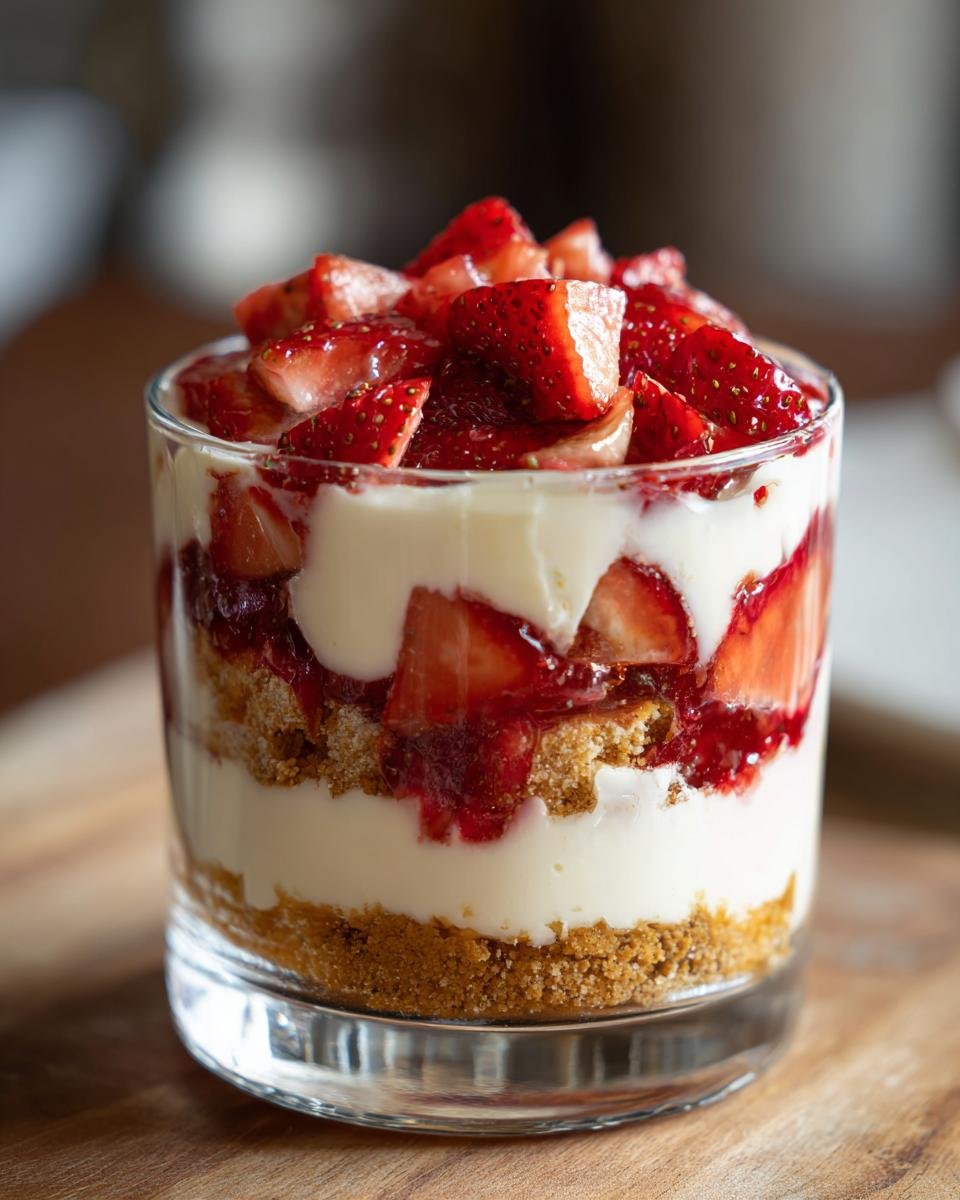 A layered no-bake strawberry dessert in a glass, featuring crushed cookies, cream, and fresh strawberries.