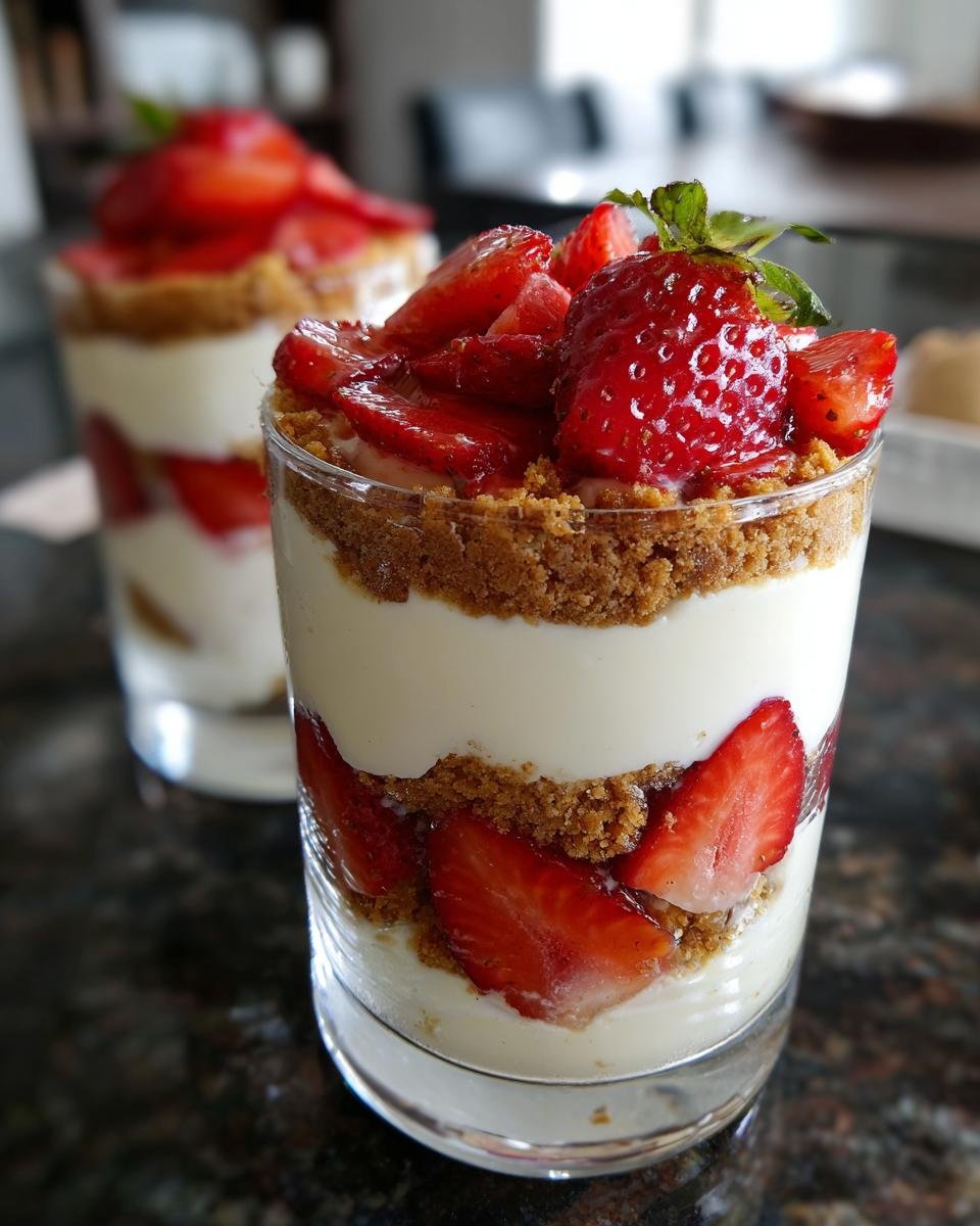 Close-up of a no-bake strawberry dessert layered with cream and cookie crumbs in a glass.