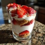Close-up of a no-bake strawberry dessert parfait in a glass, layered with cream, strawberries, and cookie crumbs.