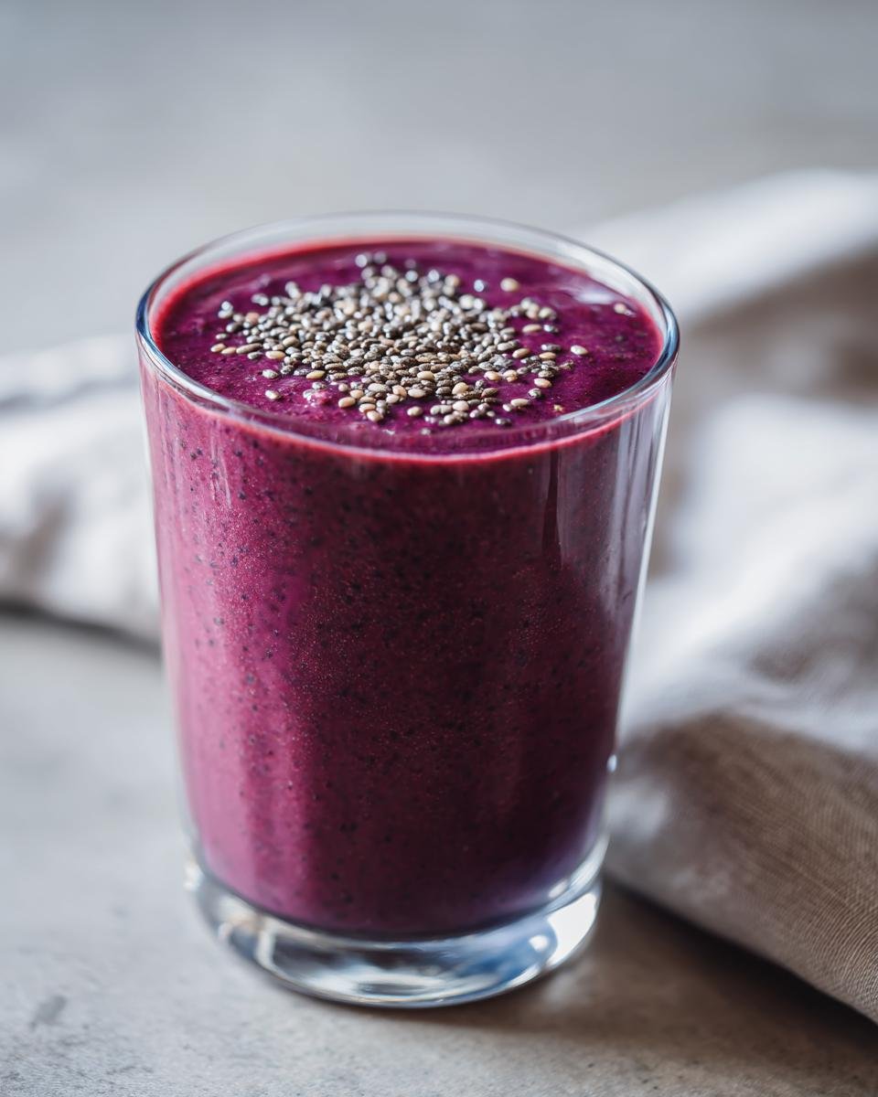 A vibrant purple Nutritious Dinner Replacement Smoothie topped with chia seeds in a clear glass.