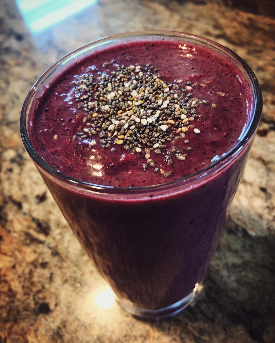 A close-up of a vibrant purple Nutritious Dinner Replacement Smoothie topped with chia seeds.