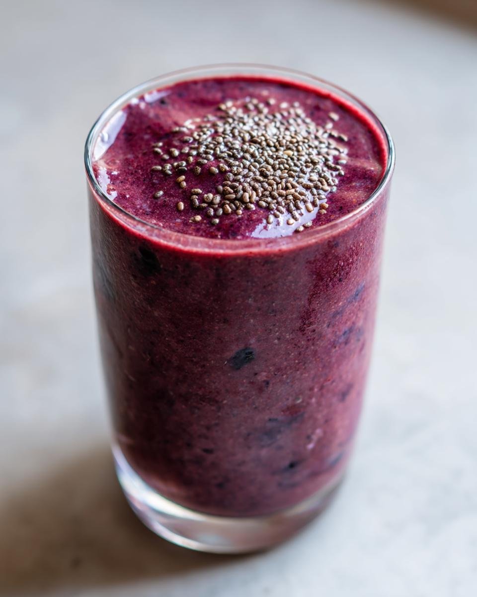 A tall glass filled with a vibrant purple Nutritious Dinner Replacement Smoothie, topped with chia seeds.