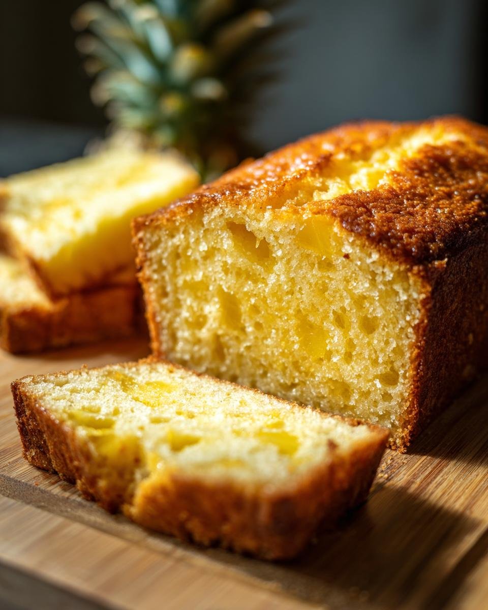 A close-up of a sliced Pineapple Quick Bread loaf with visible chunks of pineapple and a golden crust.