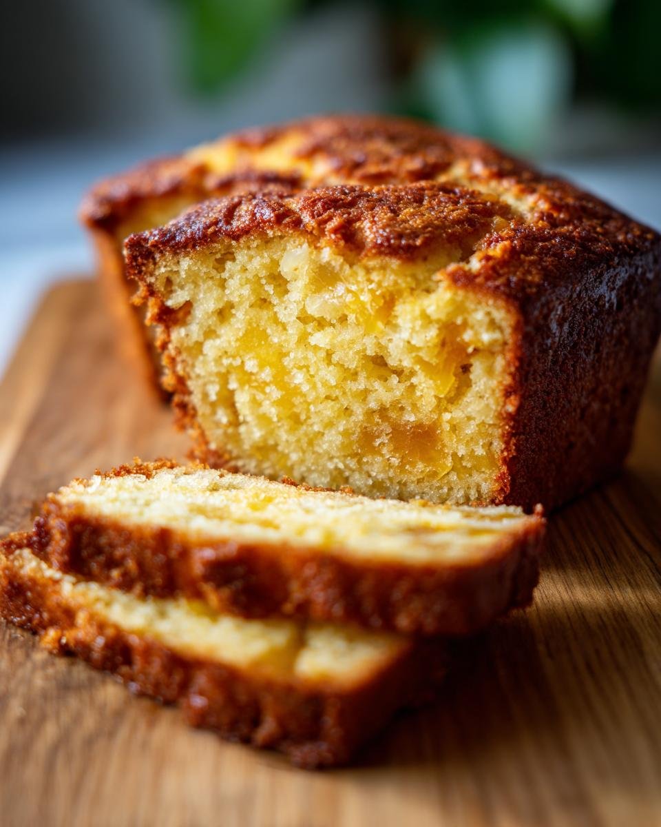 Close-up of moist Pineapple Quick Bread, with two slices cut and stacked on a wooden board.