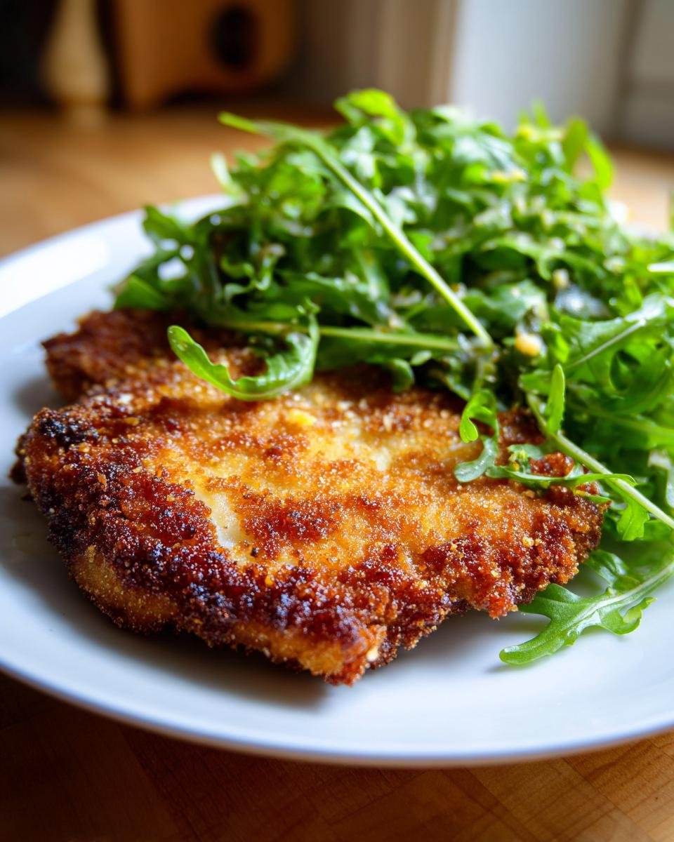 A close-up of a golden-brown, crispy Pork Milanese served with a fresh, vibrant Arugula Salad.