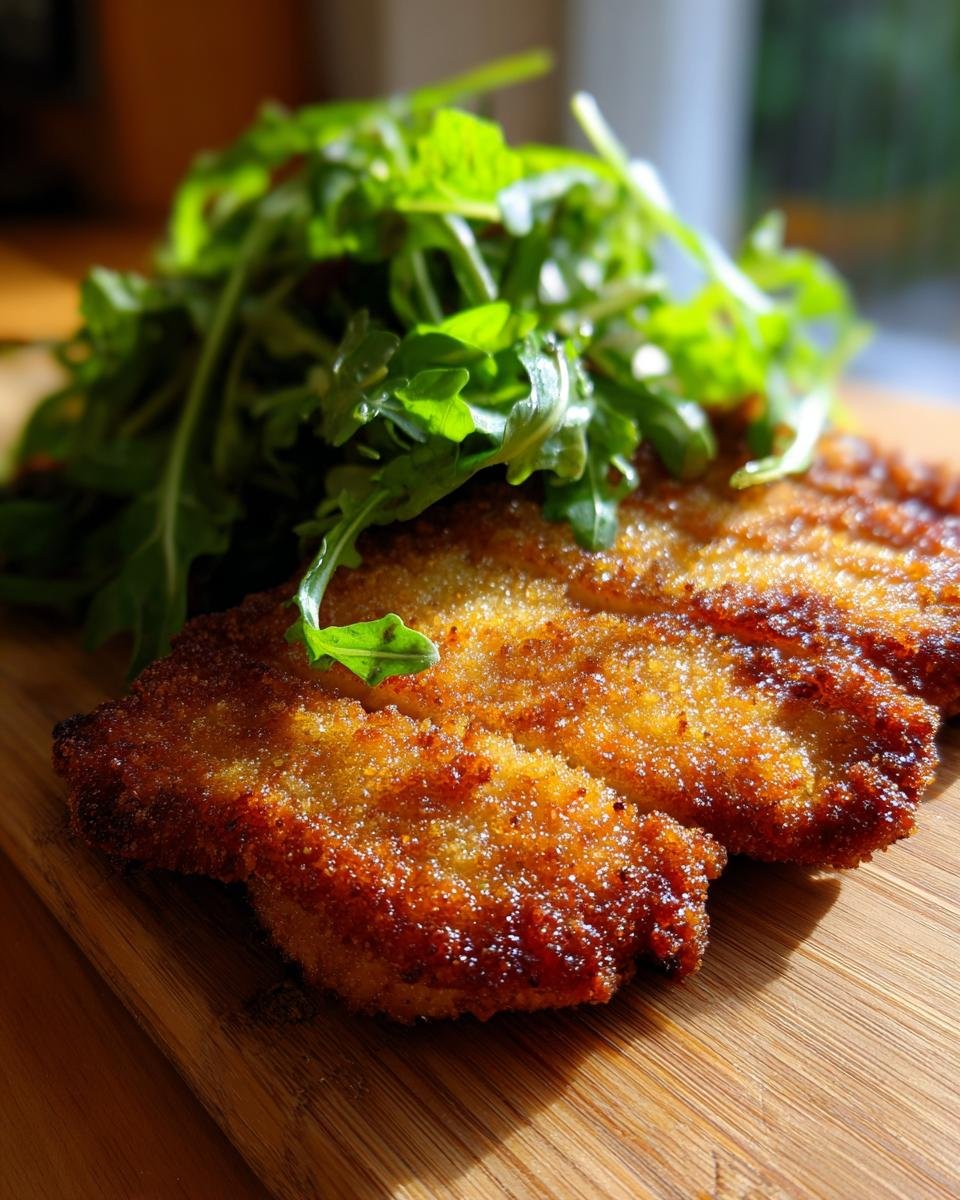 Golden brown Pork Milanese served with a fresh pile of arugula salad on a wooden board.