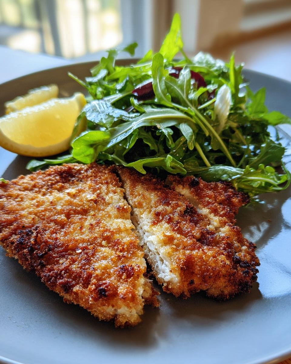 A close-up of golden-brown crispy Pork Milanese served with a fresh Arugula Salad and lemon wedges.