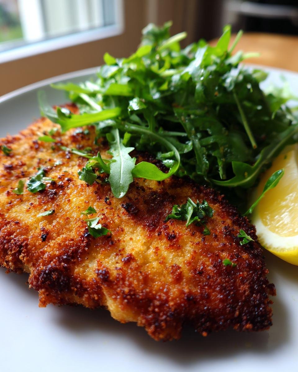 A golden-brown crispy Pork Milanese served with a fresh Arugula Salad and a lemon wedge.