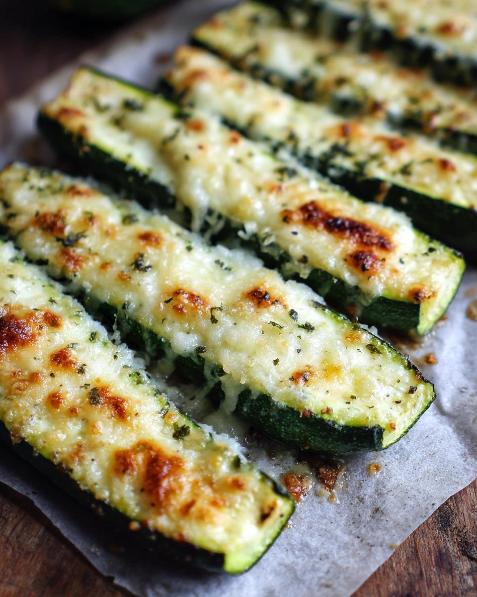 Close-up of roasted zucchini halves topped with melted parmesan cheese and herbs, part of a Quick Easy Roasted Parmesan Zucchini Recipe Delight.