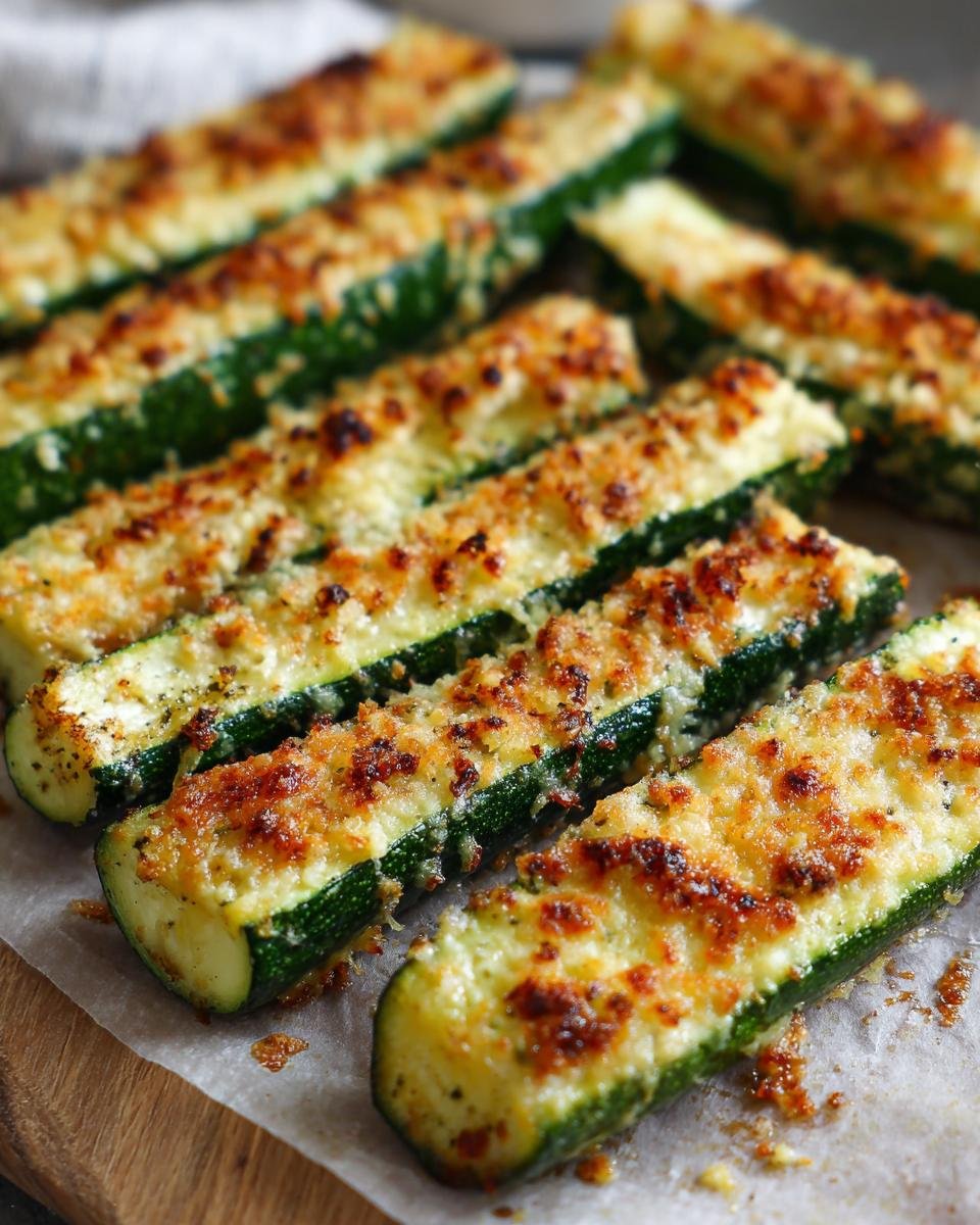 Close-up of Quick Easy Roasted Parmesan Zucchini Delight, golden brown and bubbly.