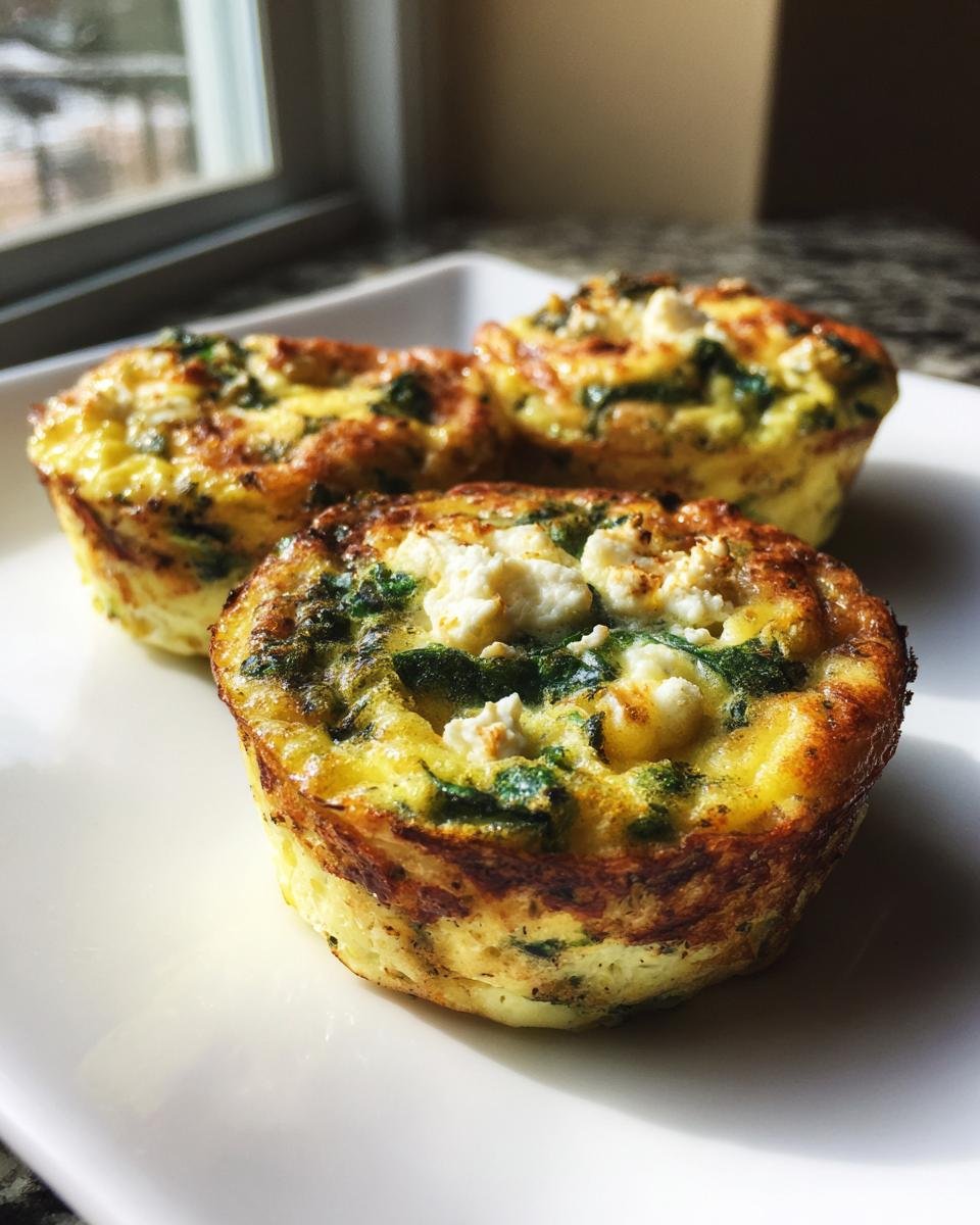 Three Quick Healthy Egg Muffins With Spinach And Feta topped with crumbled feta cheese on a white plate.