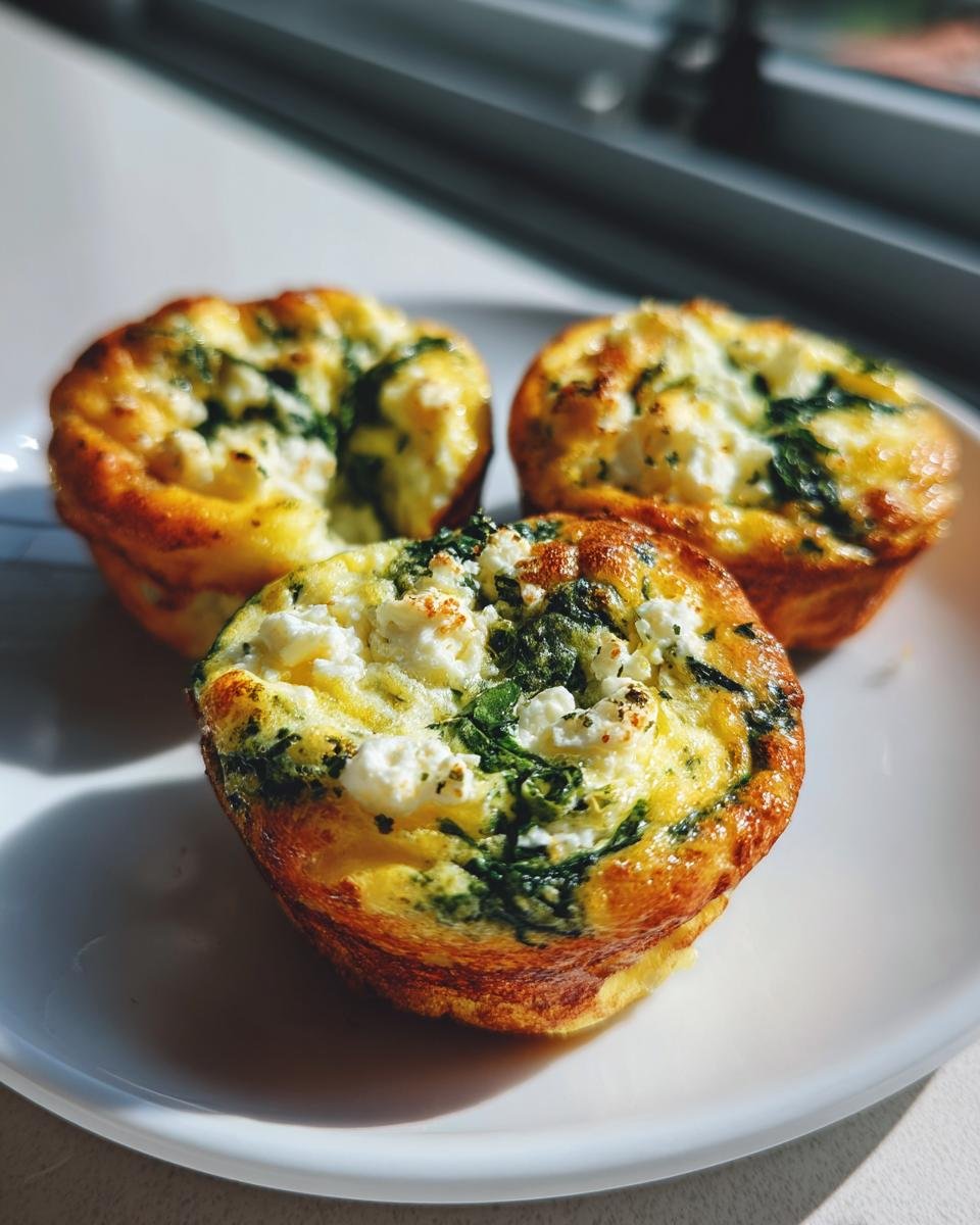 Three Quick Healthy Egg Muffins With Spinach And Feta on a white plate, golden brown and topped with crumbled feta cheese.