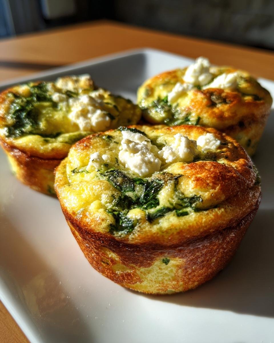 Three golden-brown Quick Healthy Egg Muffins with Spinach and Feta topped with crumbled feta cheese on a white plate.