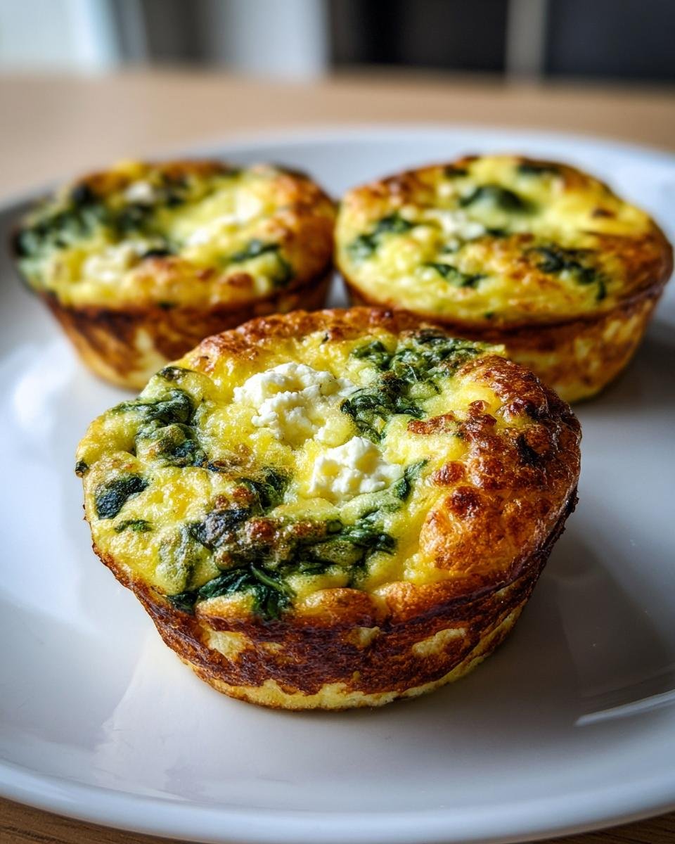 Three Quick Healthy Egg Muffins With Spinach And Feta on a white plate, showcasing golden-brown edges and crumbled feta cheese.