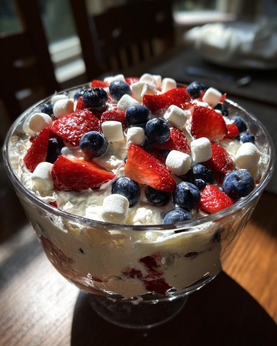 A clear glass trifle bowl filled with Red White and Blue Cheesecake Salad, topped with strawberries, blueberries, and mini marshmallows.