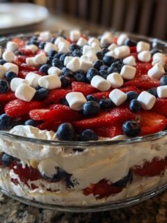 A festive Red White and Blue Cheesecake Salad layered in a glass trifle bowl with strawberries, blueberries, marshmallows, and whipped cream.