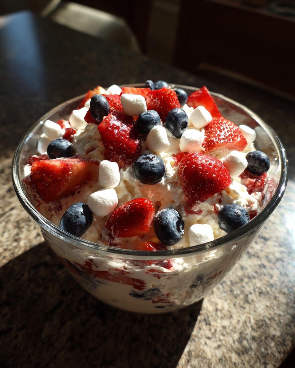 A clear glass bowl filled with Red White and Blue Cheesecake Salad, topped with strawberries, blueberries, and mini marshmallows.