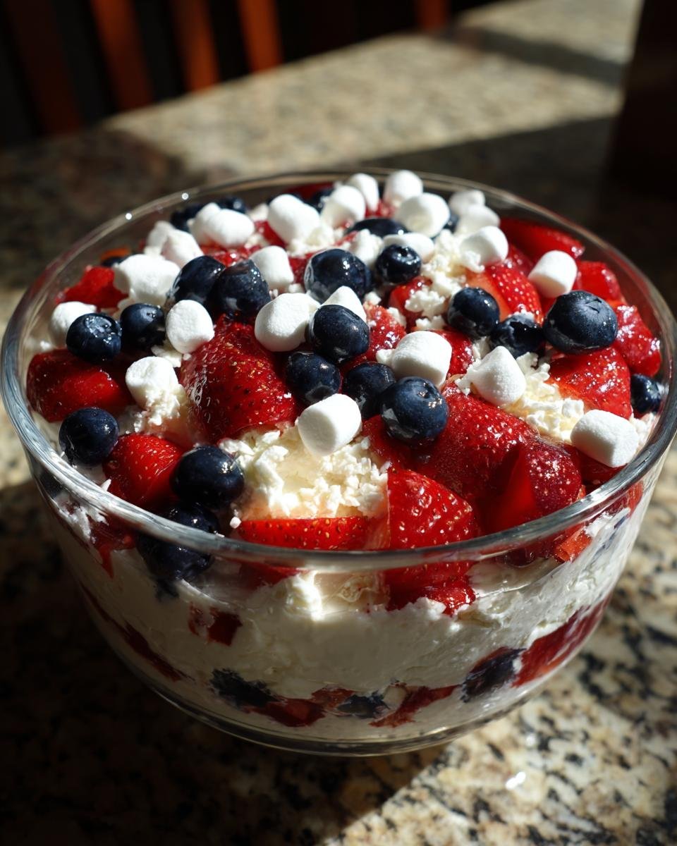 A festive Red White and Blue Cheesecake Salad layered in a glass bowl with strawberries, blueberries, and mini marshmallows.