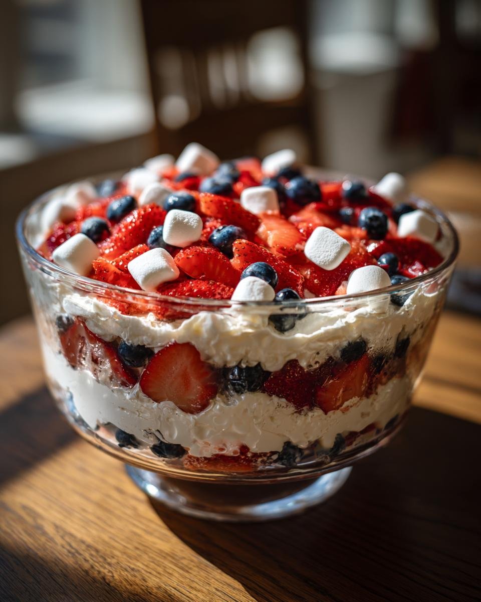 A festive Red White and Blue Cheesecake Salad layered in a glass trifle bowl with strawberries, blueberries, marshmallows, and cream.