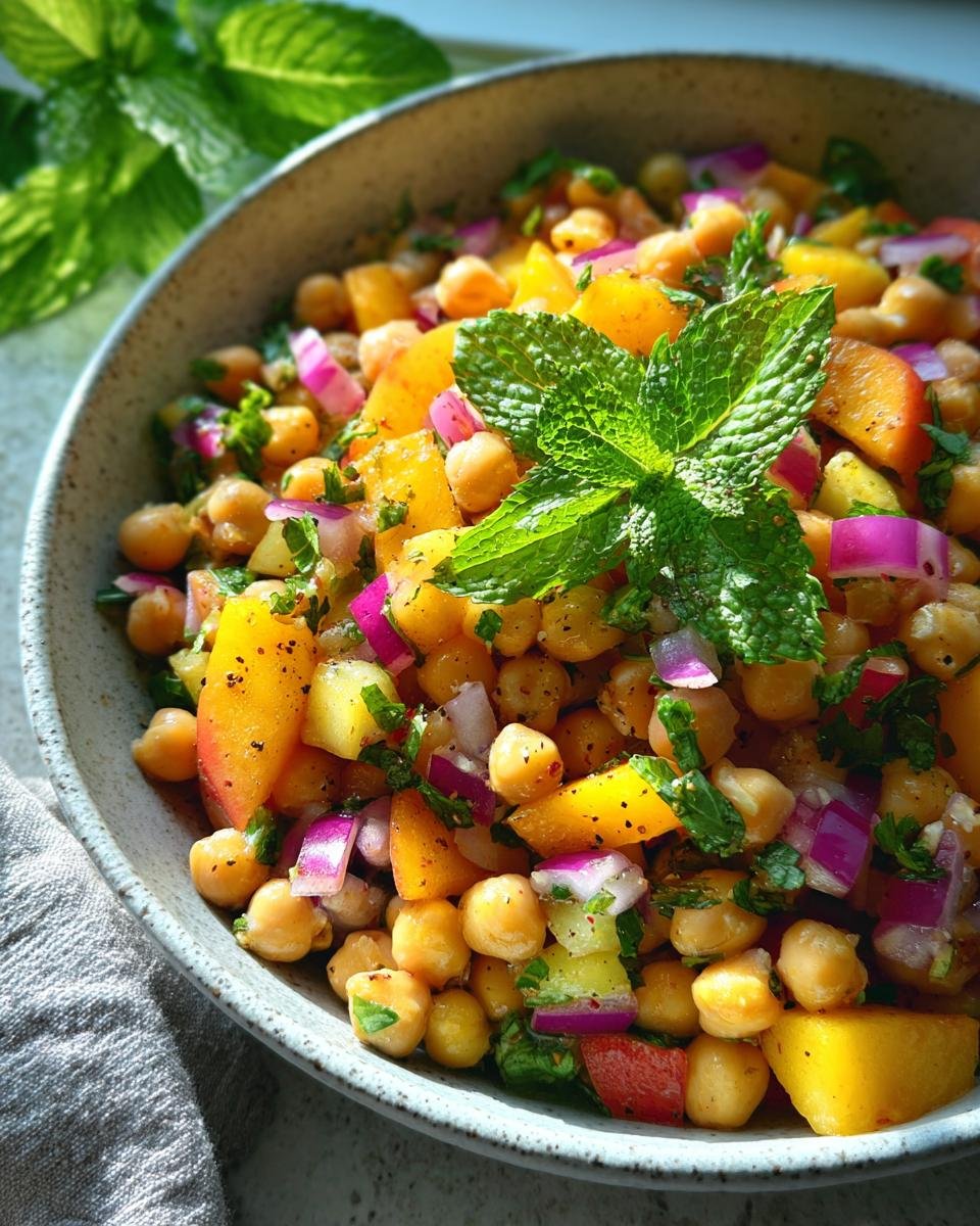 Close-up of a Refreshing Nectarine Salad With Chickpeas, featuring nectarines, chickpeas, red onion, and mint.