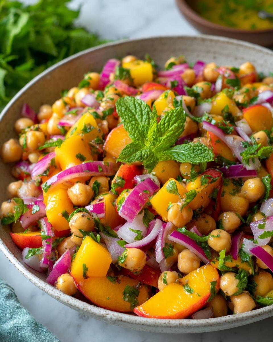Close-up of a Refreshing Nectarine Salad With Chickpeas, featuring vibrant nectarine slices, chickpeas, red onion, and fresh mint.