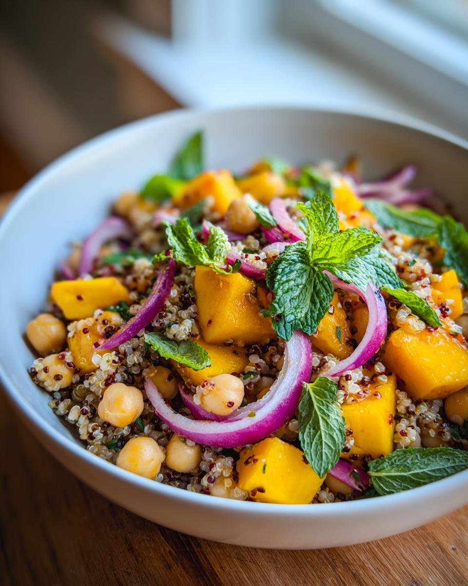 Close-up of a refreshing nectarine salad with chickpeas, quinoa, red onion, and mint.
