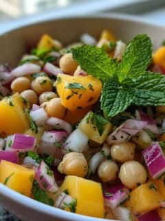 Close-up of a refreshing nectarine salad with chickpeas, red onion, and mint garnish.