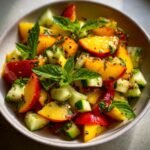 A close-up of a Refreshing Nectarine Salad With Cucumber Delight, featuring sliced nectarines, cucumber chunks, and fresh mint leaves.