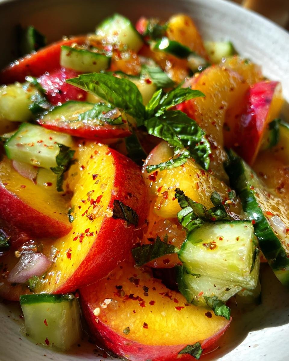 Close-up of a refreshing nectarine salad with cucumber, basil, and red pepper flakes.