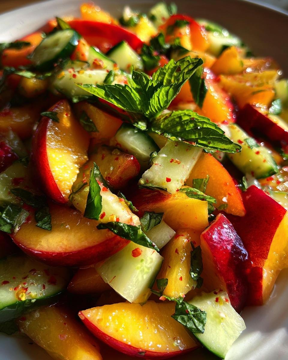 Close-up of a Refreshing Nectarine Salad With Cucumber Delight, featuring sliced nectarines, cucumber, and mint.